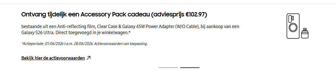 €100 korting bij aankoop van een Samsung , S26; S26+ en S26 Ultra + gratis accessory pakket twv 102 euro
