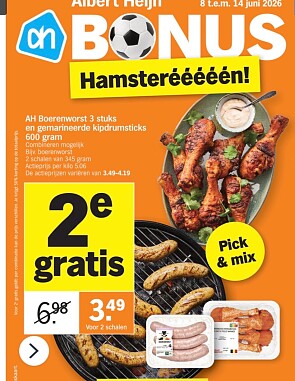 Boerenworst en kippendrumsteaks 1+1 gratis bij ah