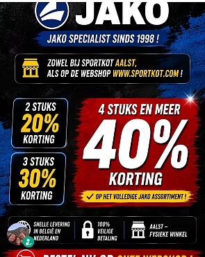 40% korting op Jako bij Sportarena Aalst