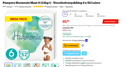 Pampers Harmonie Maat 6 (13kg+) - Voordeelverpakking 2 x 52 Luiers 78% korting