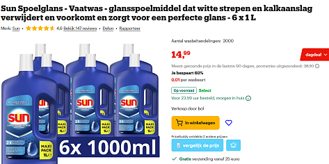 Sun Spoelglans - Vaatwas - glansspoelmiddel dat witte strepen en kalkaanslag verwijdert en voorkomt en zorgt voor een perfecte glans - 6 x 1 L
