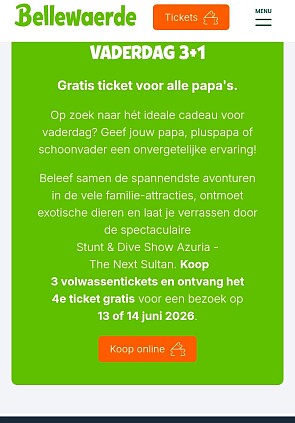 Bellewaerde Gratis ticket voor alle papa's. 3 + 1 ticket