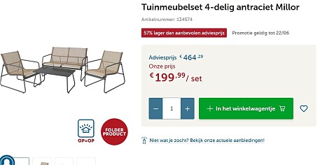 Tuinmeubelset 4 delig antraciet Millor voor 199,99€