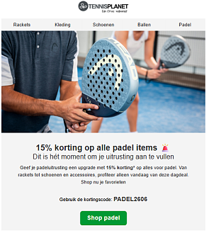 Tennisplanet: 15% op alles voor padel