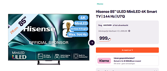 Tv dagdeal Hisense 85" ULED MiniLED 4K Smart TV | 144 Hz | U7Q