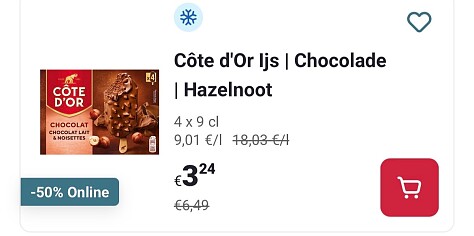 Côte d'Or | Ijs | Chocolade | Hazelnoot 4 x 9 cl -50% op Delhaize.be