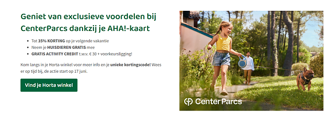 Geniet van exclusieve voordelen bij CenterParcs dankzij je AHA!-kaart van Horta!