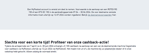 Profiteer nu van €100 cashback, na aankoop van een ROTEX RO 150 of een ETS EC 150 Excenterschuurmachine