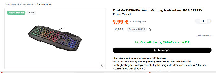 Trust GXT 830-RW Avonn Gaming toetsenbord RGB AZERTY Frans Zwart