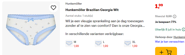 Hunkemöller slips vanaf 1,99€, bikinislips 4,99€ en bh's vanaf 9,99€