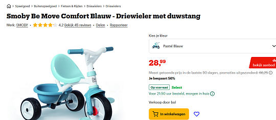 Smoby Be Move Comfort Blauw - Driewieler met duwstang