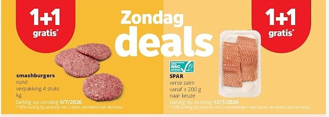 1+1 gratis smashburgers bij spar op 5/7/26
