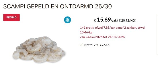Scampi gepeld en ontdarmd 26/30 1+1 gratis bij bon ap