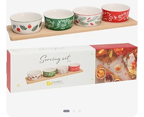 -75% Koopman Kerst Serveerset - 4 Porseleinen Schalen & 1 Bamboe Dienblad
