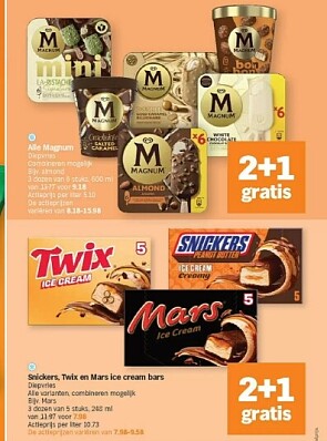 Magnum ijsjes en ijs bars 2+1 gratis bij ah