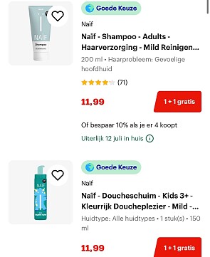 1 + 1 gratis op Naïf