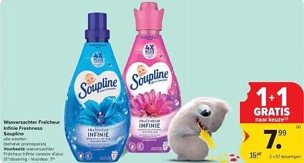 Soupline wasverzachter infinie 1+1 gratis + coupon bij Carrefour