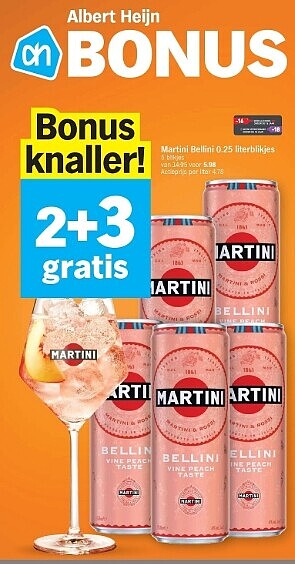 Martini bellini 25 cl blikjes 2+3 gratis bij ah