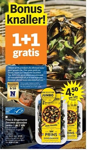 Prins&dingemanse zeeuwse Mosselen jumbo 1 en 2 kilo 1+1 gratis bij ah