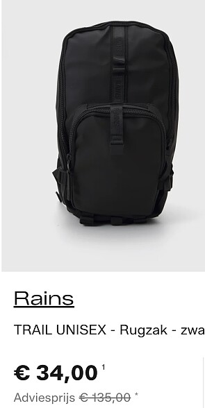 RAINS rugzak aan 34€ ipv 135€