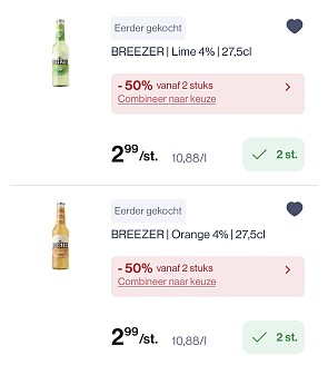 Breezer drankjes 27,5 cl 1+1 gratis