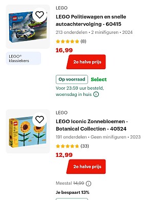Lego 2e halve prijs bij Bol