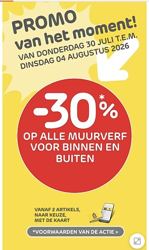 30% korting op alle muurverf voor binnen en buiten bij Brico