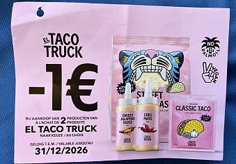 Coupon el taco truck aan rek bij Delhaize