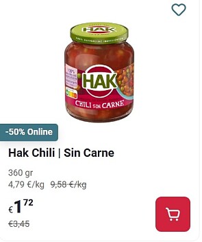 Hak Chili sin carne 360 gram -50% op Delhaize.be