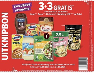 coupon 3+3 gratis op knorr, zwan, hellmans, effi en calve bij carrefour