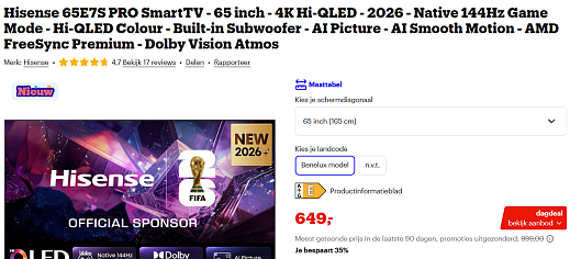 📺 Hisense 65E7S PRO SmartTV 65 inch 4K Hi-QLED 2026