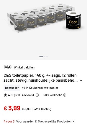 C&S toiletpapier 4-laags voor €0,25/rol