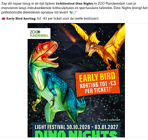 🦕 Lichtfestival "Dino Nights" in ZOO Planckendael - early bird korting