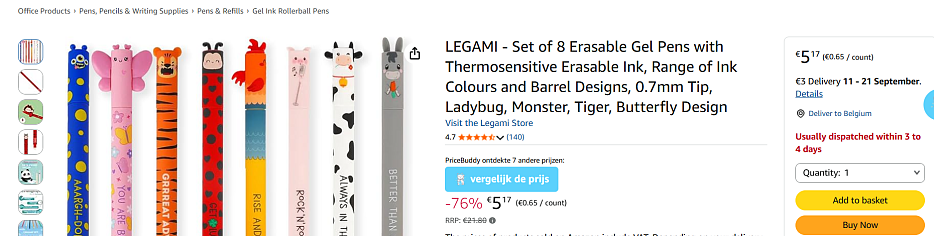 ✏️ LEGAMI Set van 8 uitwisbare gelpennen