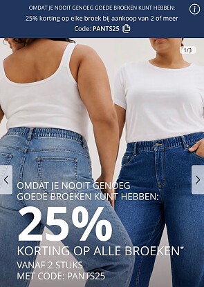25% korting op elke broek bij aankoop van 2 of meer