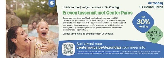 Tot 30% korting voor center Parks + gratis ontbijt voor 2 personen in de zondag
