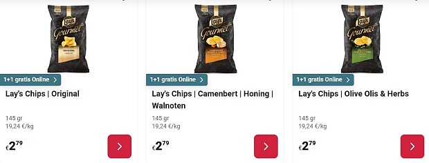 Lays chips gourmet 1+1 gratis op Delhaize.be
