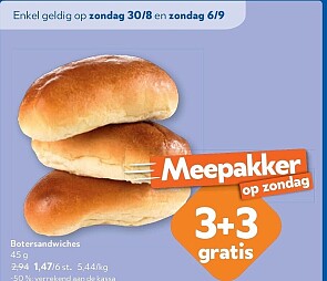3+3 gratis op botershandwiches bij okay op zondag 6/9/26