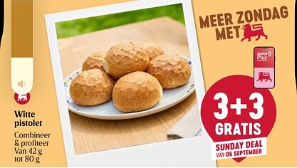 3+3 gratis witte pistolet bij Delhaize op 6/9/26