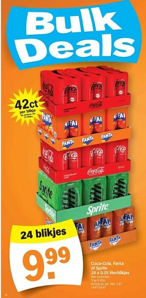 Coca cola - Fanta - Sprite 24x25 cl voor 9,99€ bij ah