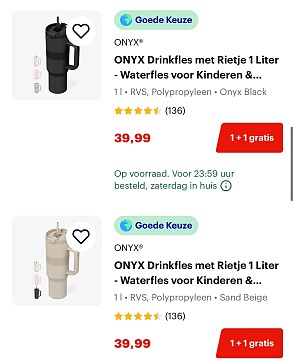 1+1 gratis op ONYX drinkflessen