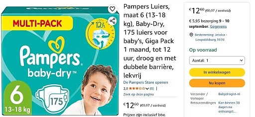Prijsfout? Pampers Baby Dry maat 6