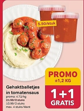 1+1 gratis gehaktballetjes in tomatensaus 1,2kg