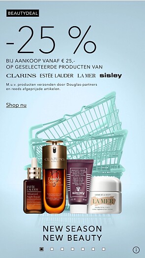 -25% op geselecteerde producten van Clarins, Estée Lauder, La Mer en Sisley