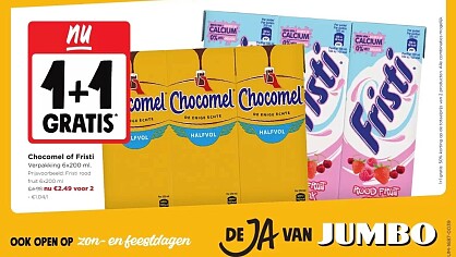 1+1 gratis Chocomel en fristi 6x200 ml bij Jumbo