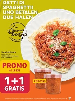 Spaghettisaus 1+1 gratis bij bon ap
