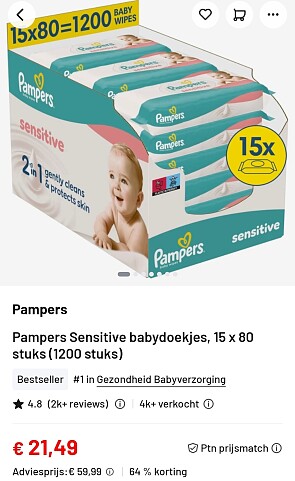 Pampers babydoekjes 15 x 80 doekjes -64%