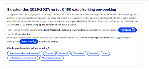 ⛷️ TUI Skivakanties 2026 2027 tot 150 euro Extra Korting