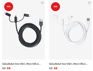 -50% Oplaadkabel USB-C, Micro USB & lightning 📱
