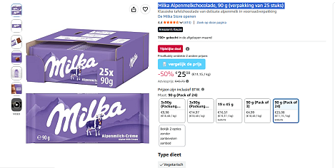 🍫 Milka Alpenmelkchocolade 90g Voordeelverpakking 25 Stuks - 50%